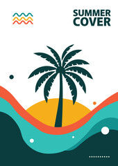Vibrant abstract summer cover with palm tree silhouette and abstract wavy shapes in teal, orange, and dark teal. Vector illustration is perfect for summer-themed poster, banner, flyers social media gr
