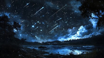 A serene night sky over a tranquil lake and forest.