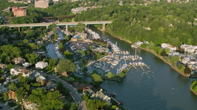 AERIAL Rocky River and marina in Cleveland, Ohio
