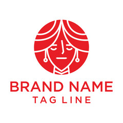 Abstract red logo featuring a stylized woman's face within a circle. Elegant and minimalist design with flowing lines. Suitable for beauty, fashion, or creative brands seeking a sophisticated and icon