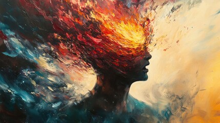 Abstract painting of a fiery head expressing intense emotion
