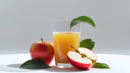 Fototapeta premium Isolated apple juice. A glass filled with fresh apple juice and a slice of red apple with a leaf, set against a background with clipping path