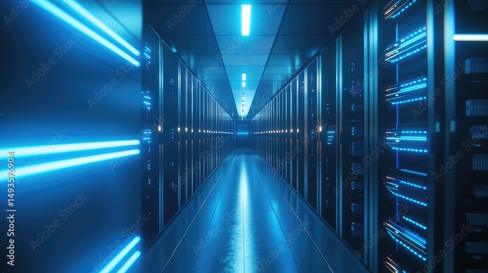 Leinwandbilder Futuristic server room with glowing blue lighting and advanced computing racks, ideal for cloud platforms, digital transformation, and secure data infrastructure presentations