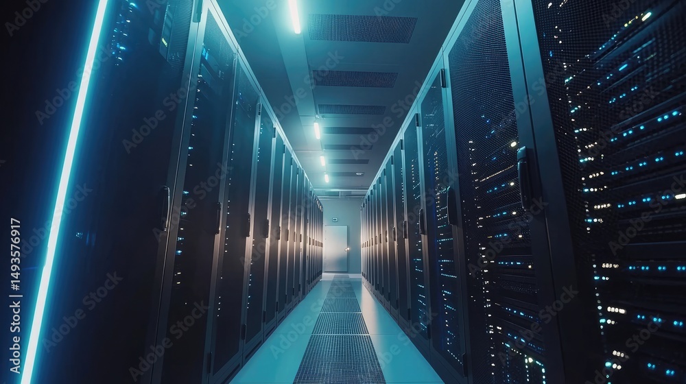 Aufkleber Modern secure server room with enclosed racks and ambient lighting, ideal for illustrating cloud computing, data management, and IT infrastructure in tech and security industries
