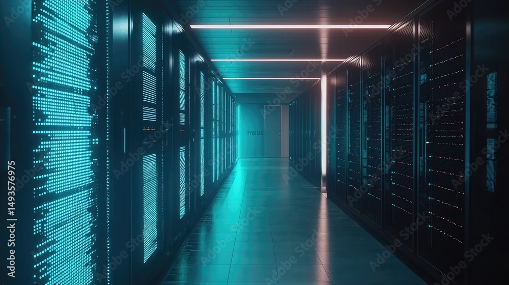 Poster Sleek modern data center corridor with futuristic lighting and active servers, ideal for cloud services, IT security, digital infrastructure, and advanced computing visuals