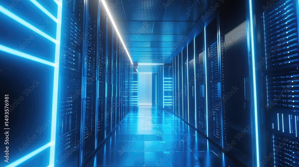 Poster advanced futuristic data center with bright blue neon lighting and high-performance servers, ideal f