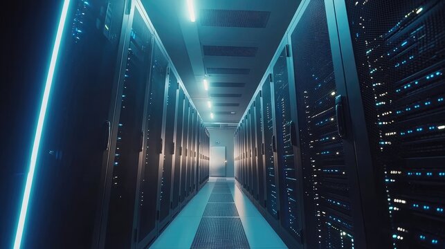 Modern secure server room with enclosed racks and ambient lighting, ideal for illustrating cloud computing, data management, and IT infrastructure in tech and security industries