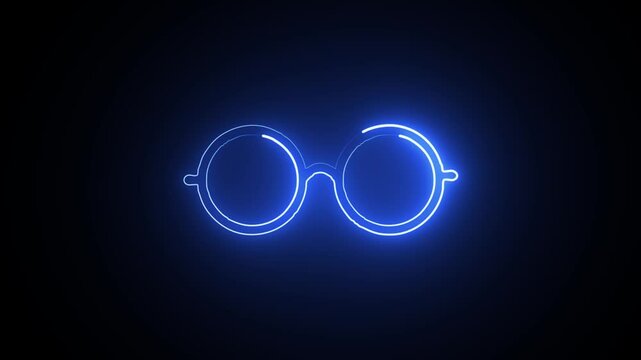 Neon Eyeglass Frame Animation on Black. Minimal Neon Glasses Line Art on Black Background. 