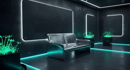 Chrome Sofa in Futuristic Interior with Neon Accents and Green Plants
