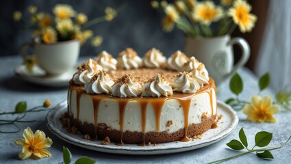 Whipped cream, caramel, and cookie crumb-topped cheesecake placed on a floral plate