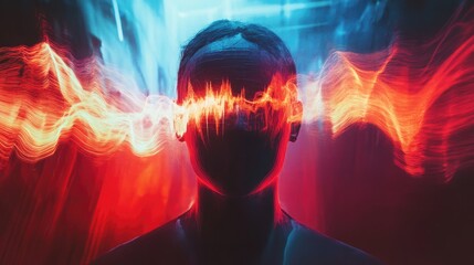 Abstract portrait with red and blue light effects on dark silhouette