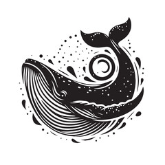 Black Color Whale Silhouette Vector Illustration, Solid White Background. minimal vector design