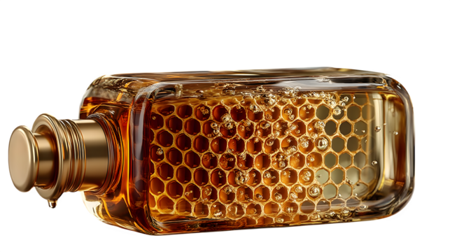 A transparent glass bottle filled with honeycomb and golden honey, perfect for natural branding, shown on white --ar 16:9 --v 7.0 --s 750 - Powered by Adobe