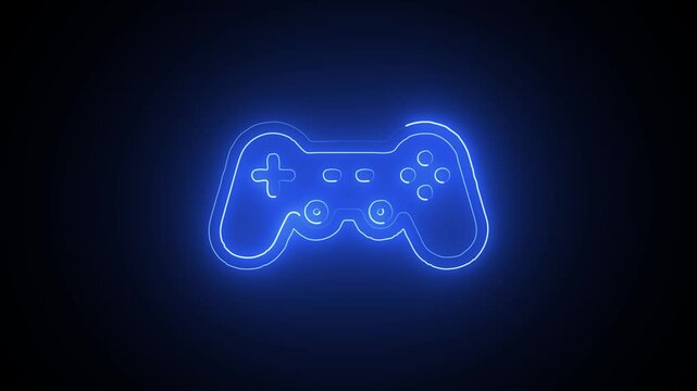 deep blue Neon Gaming Power. Animation of blue neon gamepad on black background. Colours, abstraction and pattern concept digitally generated video.