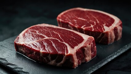 Obraz premium Raw dry aged rump steaks displayed in close-up against a black backdrop with copy space