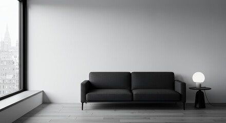 Minimalist Hotel Room Featuring Sleek Black Sofa in a Stark Black and White Color Style with Cityscape View