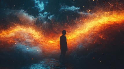Silhouette in a surreal fiery and celestial landscape at night