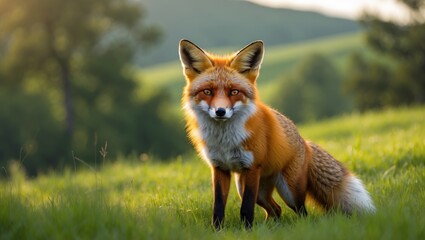 Fototapeta premium Fox with Red Fur on the Grass