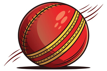 Vector illustration of a dynamic cricket ball in motion, showcasing its bright red surface and stitching details, ideal for sports graphics and educational materials