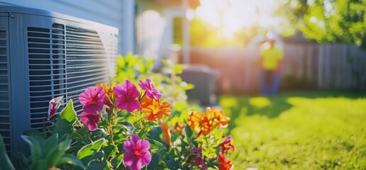 Fototapeta premium Summer Day AC Unit and Vibrant Flowers