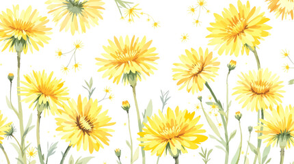 Seamless pattern with hand painted watercolor yellow flowers and leaves