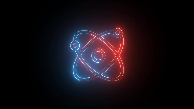 Atomic Pulse: The Blue Neon Revolution. Neon Atom: A Dance of Energy and Light. Icy atom circle magic shiny rotation around the core on a black background. 