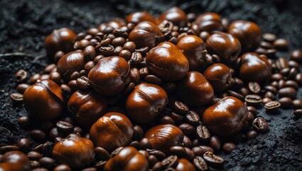 Roasted chestnuts and coffee beans sold by a street vendor.