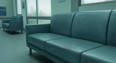 Worn Comforting Sofa in Muted Blues and Greens in Hospital Waiting Room Radiating Hope and Quiet Strength