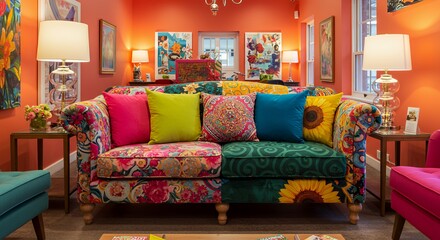 Quirky Mismatched Sofa in Vibrant Waiting Room with Contrasting Patterns and Playful Colors Accentuated with Table Lamps and Colorful Cushions