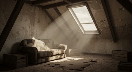 Dilapidated Sundrenched Attic Bedroom with a Worn Patchwork Sofa Conveying Melancholic and Nostalgic Feelings Through Sepia Tones