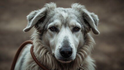 Obraz premium Leashed Sheepdog featuring expressive sad eyes