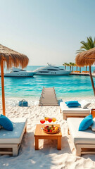 Yacht at sea overlooking a sandy beach.