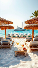 Sun loungers on the beach on white sand against the backdrop of the turquoise sea with a yacht.