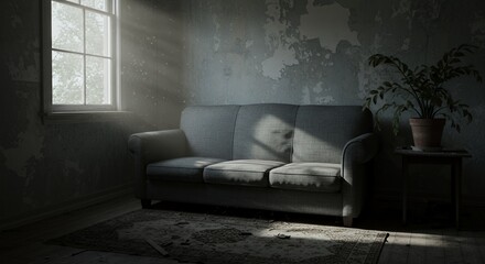 Dilapidated Home Interior with Grungy Grey Sofa and Sunlight Piercing Through Window in Monochrome