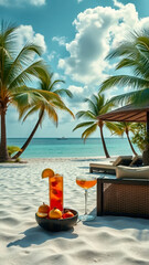 Fruit cocktails on the white sand beach with palm trees in the background. Travel, tourism and recreation concept.
