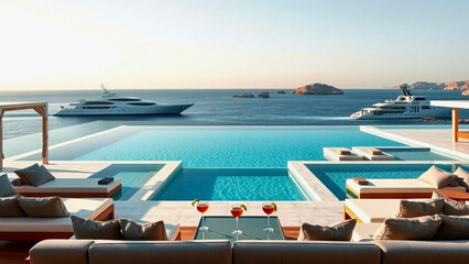 The hotel's beach club features modern infinity pools that flow smoothly into the horizon of the turquoise sea.
