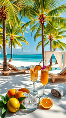 A tropical beach, white sand that flows smoothly into crystal turquoise water. A row of sun loungers located under tall palm trees with lush crowns.