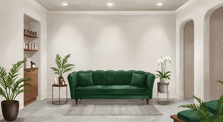 Elegant Emerald Green Sofa in Calming Watercolor Spa Relaxation Area
