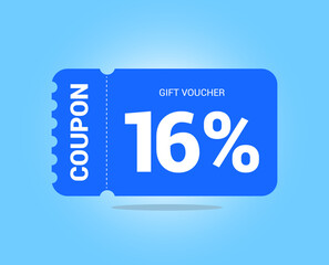 16% coupon promotion sale. Sixteen percent Vector Gift Voucher. Blue discount, lucky ticket, special offer promo. Web, shopping label, percent sign. Special price offers.