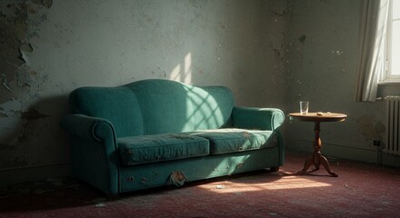 Worn Teal Velvet Sofa in Decaying Hotel Room with Sunlight and Peeling Paint Reflecting Themes of Loss and Neglect