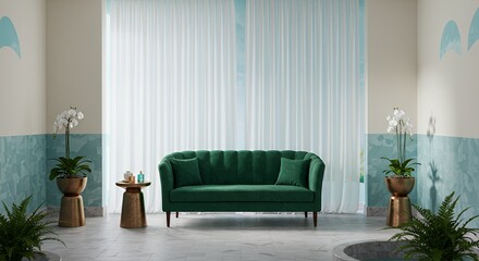 Elegant Emerald Green Sofa in a Calming Watercolor Spa Relaxation Area with Orchid Plants and Golden Side Table Promoting Peace and Tranquility