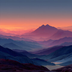 Obraz premium Abstract landscape with stylized mountains, flat colors in purples and pinks, evoking a surreal dusk