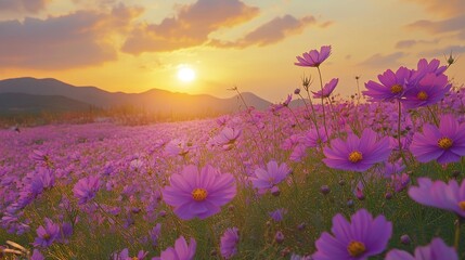 Fototapeta premium A pretty flower scene with lots of colors. A lovely wide view of blooming flowers in France at sunset. The field of purple flowers in Provence, France looks amazing in the summer. 