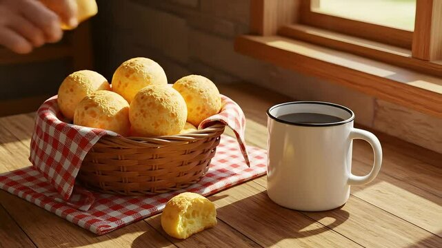 Basket of p&atilde;o de queijo on a rustic wooden table with coffee and checkered cloth