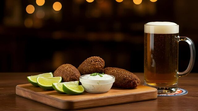 Evening bar setting with a cold beer mug on the side, wooden board serving fried kibes with lime wedges and garlic yogurt sauce