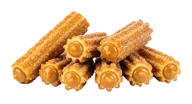 Mini churros filled with dulce de leche, sprinkled with sugar and cinnamon, isolated