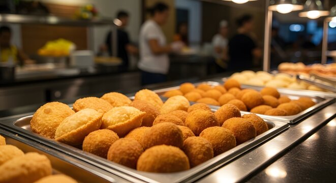 Traditional Brazilian bakery counter with trays of salgados, glass display, and customer slightly blurred in background