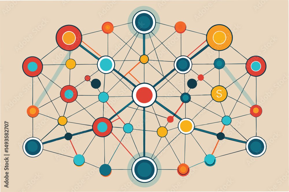 Poster colorful vector illustration of interconnected nodes representing a complex network structure on a l