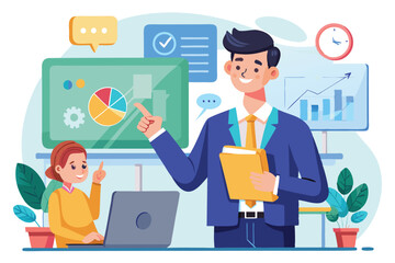 Professional business meeting with a man and a girl discussing data analysis and presentation in a bright office environment