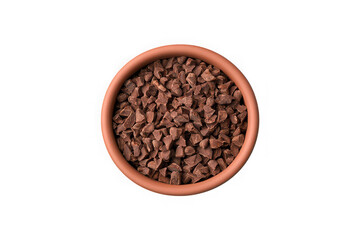 Fototapeta premium Bowl of chocolate nibs cacao chips baking ingredient topping dessert food photography delicious sweet treat isolated on transparent background